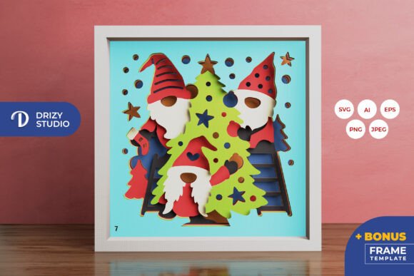 Gnome Decorating Christmas Tree 3D SVG Shadow Boxes