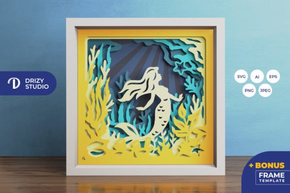 Mermaid in the Ocean 3D Shadow Box SVG